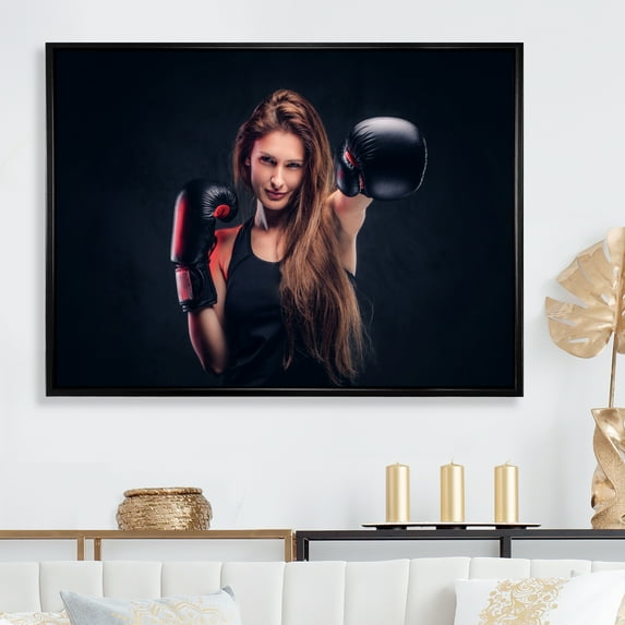 Designart "Beauty And Strength In Boxing" Fashion Woman Floater Framed Wall Decor