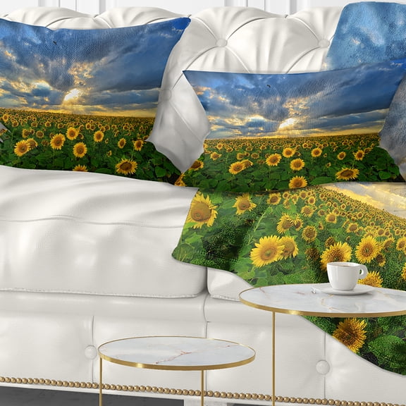 Designart Beauty Sunset over Sunflowers - Landscape Printed Throw Pillow - 12x20