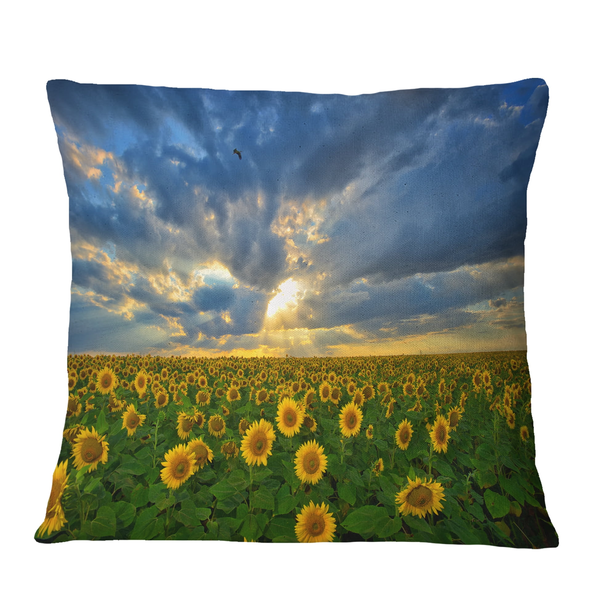 Designart Beauty Sunset over Sunflowers - Landscape Printed Throw Pillow - 16x16