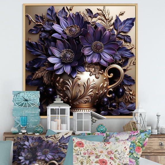 Designart "Beauty in Baroque Floral Pottery II" People Framed Wall Art - Traditional Purple Animal Nursery Hallway Framed Wall Art Decor