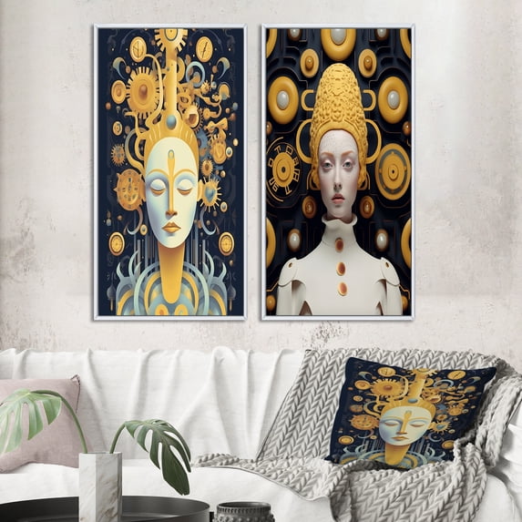 Designart "Beauty in Sci-Fi Portrait of a Futuristic Woman I" Fashion Woman Framed Wall Art Set Of 2 - Glam Gold Framed Wall Art Set Of 2