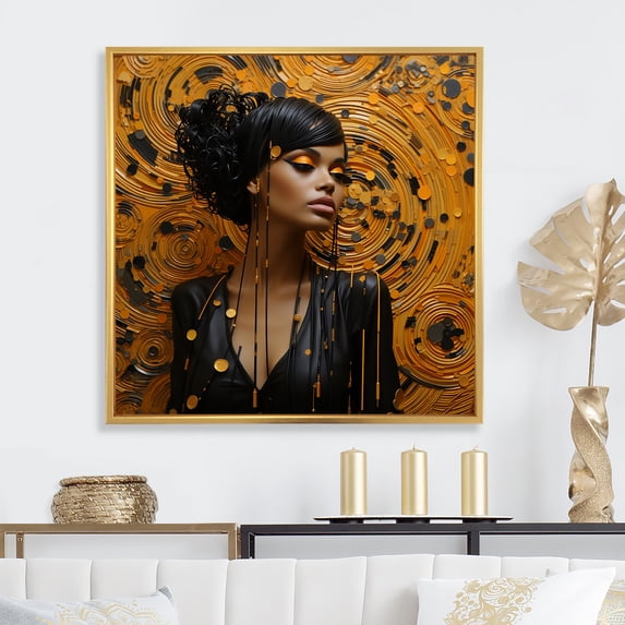 Designart "Beauty of 1950s Woman in Gold and Black III" Fashion Framed Wall Art - Gold Fashion Woman Entryway Framed Wall Art Print