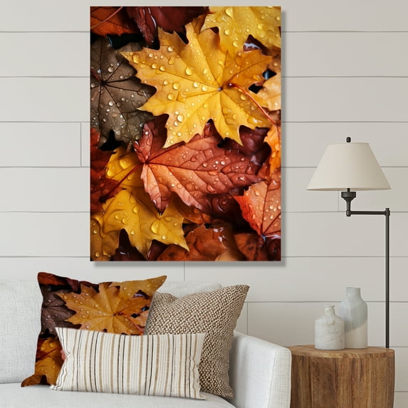 Designart "Beauty of Autumn Leaves in Yellow and Orange II" Floral Canvas Wall Art - Traditional Orange Leaves Hallway Wall Art Decor