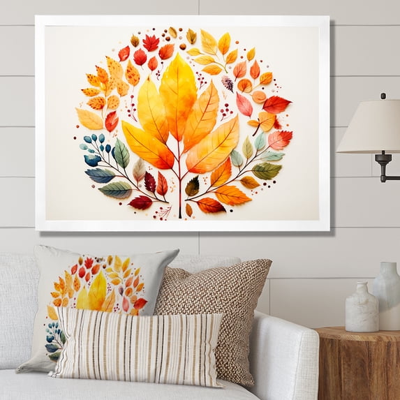 Designart "Beauty of Autumn Leaves in Yellow and Red" Floral Framed Wall Art Decor - Traditional Yellow Tree Maple Hallway Framed Wall Art Decor