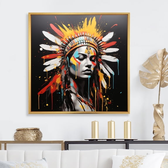 Designart "Beauty of Indian Native Woman in Yellow and Black II" Fashion Framed Wall Art - Glam Yellow Woman Indian Entryway Framed Wall Art Print