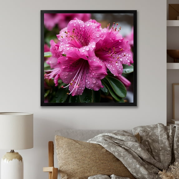 Designart "Beauty of Rhododendrons in Purple" Floral Framed Wall Art Decor - Traditional Purple Rhododendron Living Room Framed Canvas Art