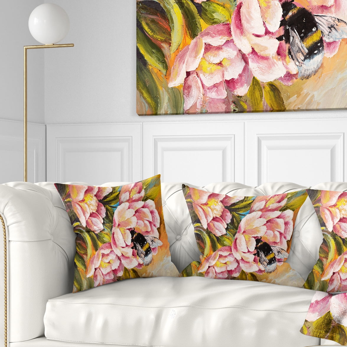 Designart Bee Sitting on Flower - Floral Throw Pillow - 16x16