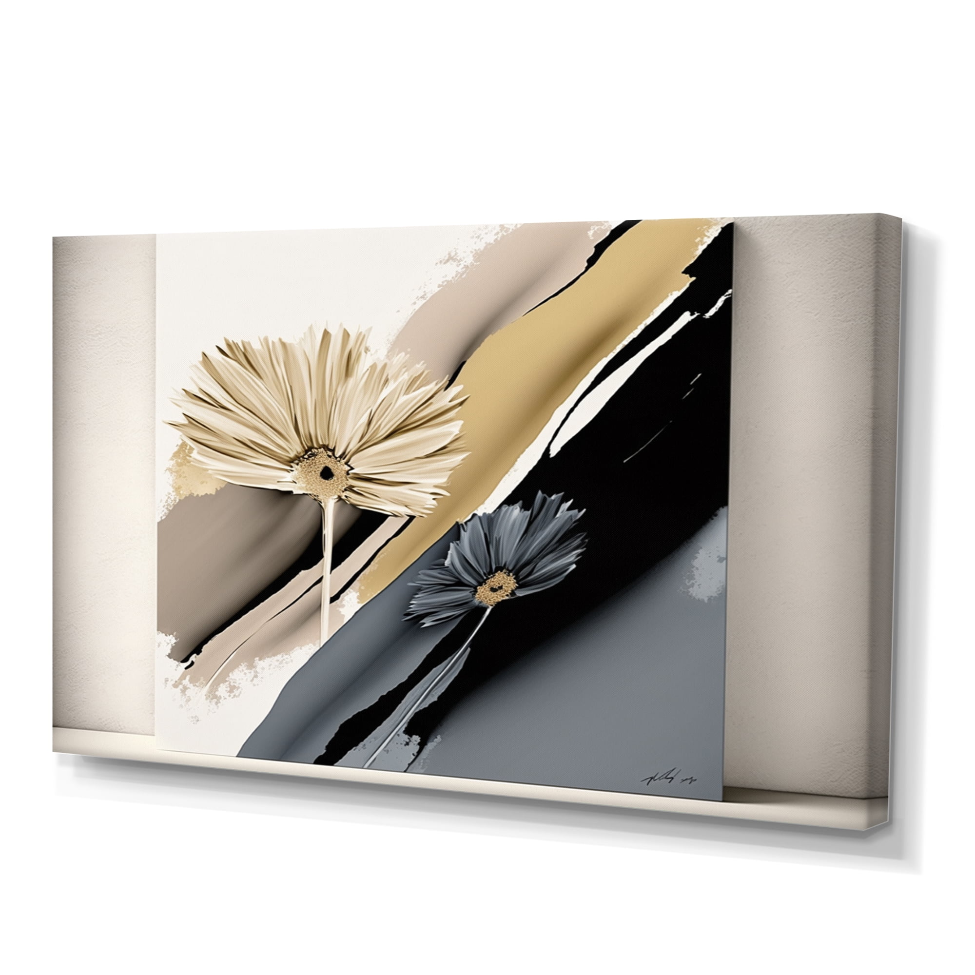 Designart Beige And Black Gerbera Hyperrealistic Flowers Canvas Wall Art