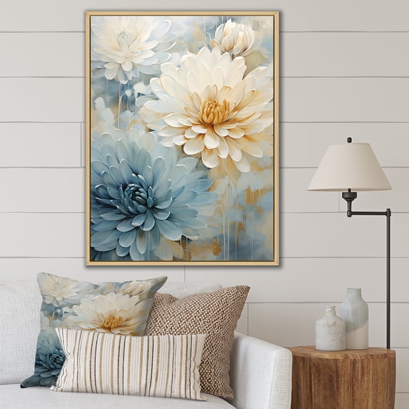 Designart "Beige And Blue Mums In Bloom II" Mums Floater Framed Canvas Prints