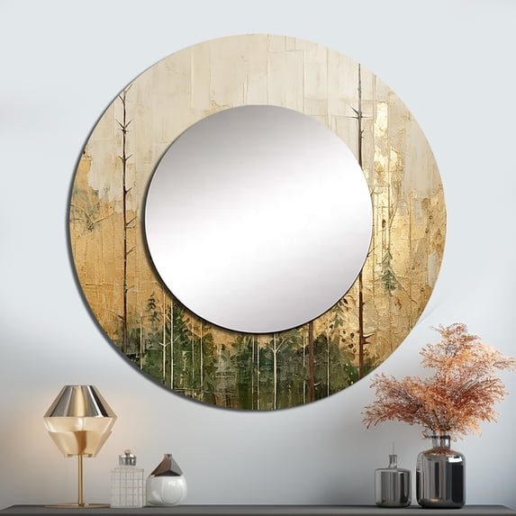 Designart "Beige And Gold Minimalist Forest" Forest Rund Mirror For Wall Decor - Large Beige Round Print Mirror - Round Traditional Mirror - Wall Mounted Round Large Mirror - 23" x 23"