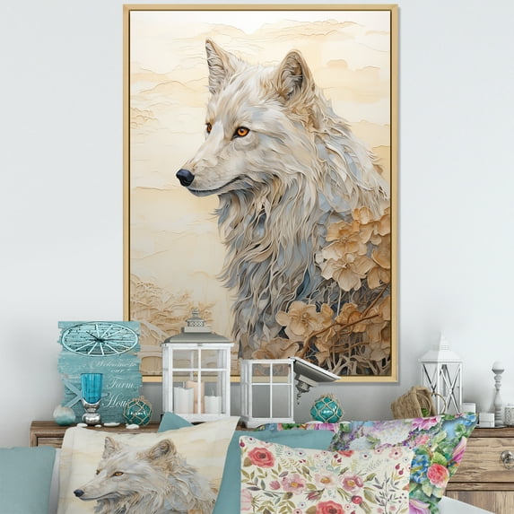 Designart "Beige And Gold Wolf Delight" Animals Wolf Floater Framed Wall Art Prints