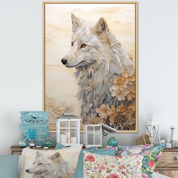 Designart "Beige And Gold Wolf Delight" Animals Wolf Floater Framed Wall Art Prints