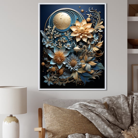 Designart "Beige And Teal Floral Medley In Paper Mache" Flowers Floater Framed Wall Art Prints