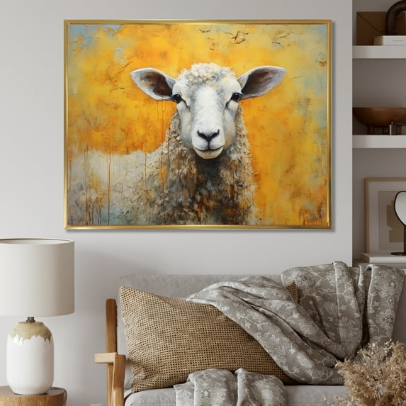 Designart "Beige Beauty Encaustic Yellow Sheep I" Animals Floater Framed Wall Decor