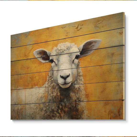 Designart "Beige Beauty Encaustic Yellow Sheep I" Animals Print on Natural Pine Wood
