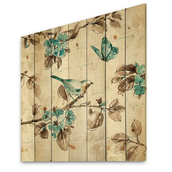 Designart 'Beige Bird Wings III' Traditional Print on Natural Pine Wood