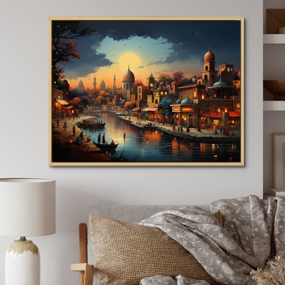 Designart "Beige Blue Indian Art Indian Splendor" Indian Floater Framed Canvas Wall Art