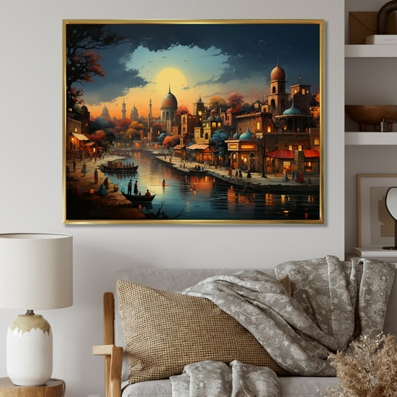 Designart "Beige Blue Indian Art Indian Splendor" Indian Floater Framed Canvas Wall Art