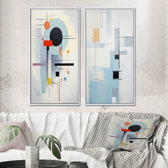 Designart "Beige Blue Suprematism Serene composition II" Abstract Suprematism Framed Wall Art Set Of 2 - Multi-Color Abstract Framed Canvas Set For Living Room Decor