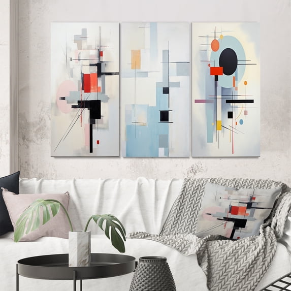 Designart "Beige Blue Suprematism Serene composition III" Abstract Wall Art Set Of 3 - Multi-Color Suprematism Canvas Set For Living Room Decor