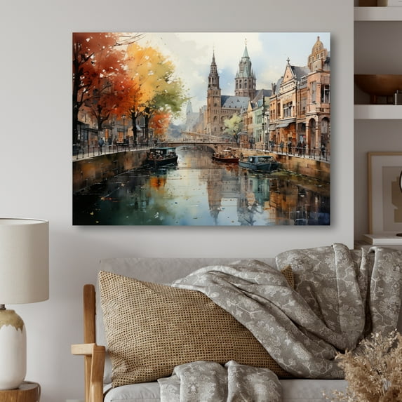 Designart "Beige Canal City Reflections Cityscape" Canals Metal Wall Art