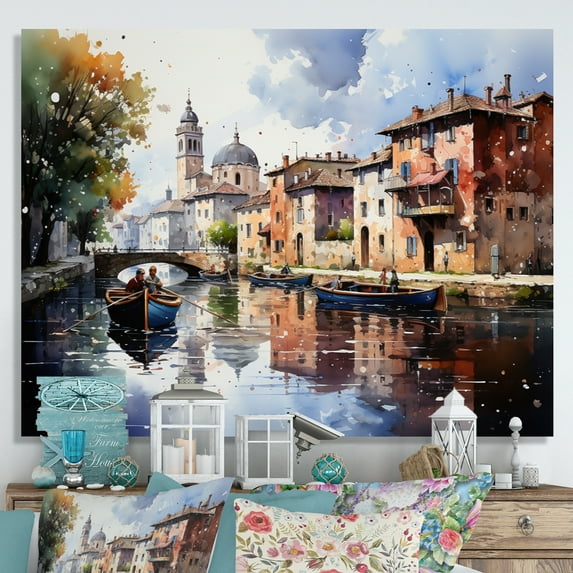 Designart "Beige Canal Waterways painting" Canals Canvas Wall Art
