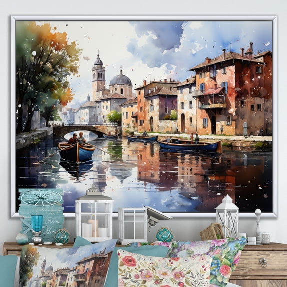 Designart "Beige Canal Waterways painting" Canals Floater Framed Canvas Wall Art