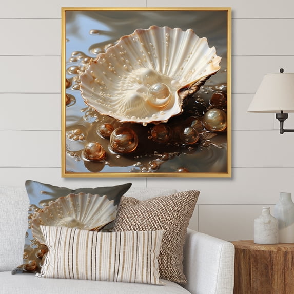 Designart "Beige Clam Pearl quintessence" Animals Floater Framed Canvas Print