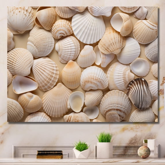 Designart "Beige Clam Seashell Euphony II" Clam Wall Art Living Room