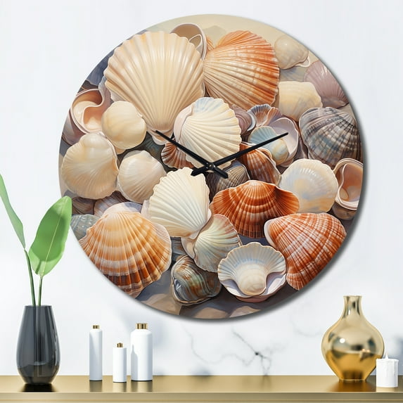 Designart "Beige Clam Seashell Euphony III" Animals Oversized Wall Clock
