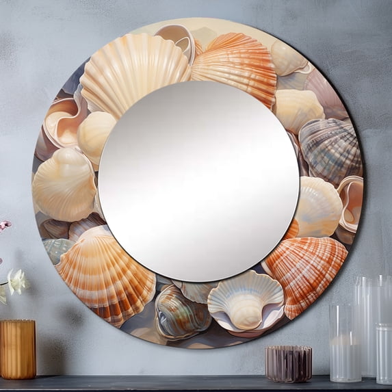 Designart "Beige Clam Seashell Euphony III" Clam Rund Mirror For Wall Decor - Large Beige Round Printed Mirror - Coastal Round Mirror 29" x 29" Inch