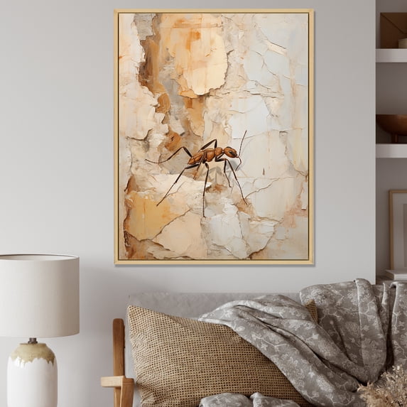 Designart "Beige Collage Of Minimalist Ant" Animals Ant Floater Framed Canvas Wall Art