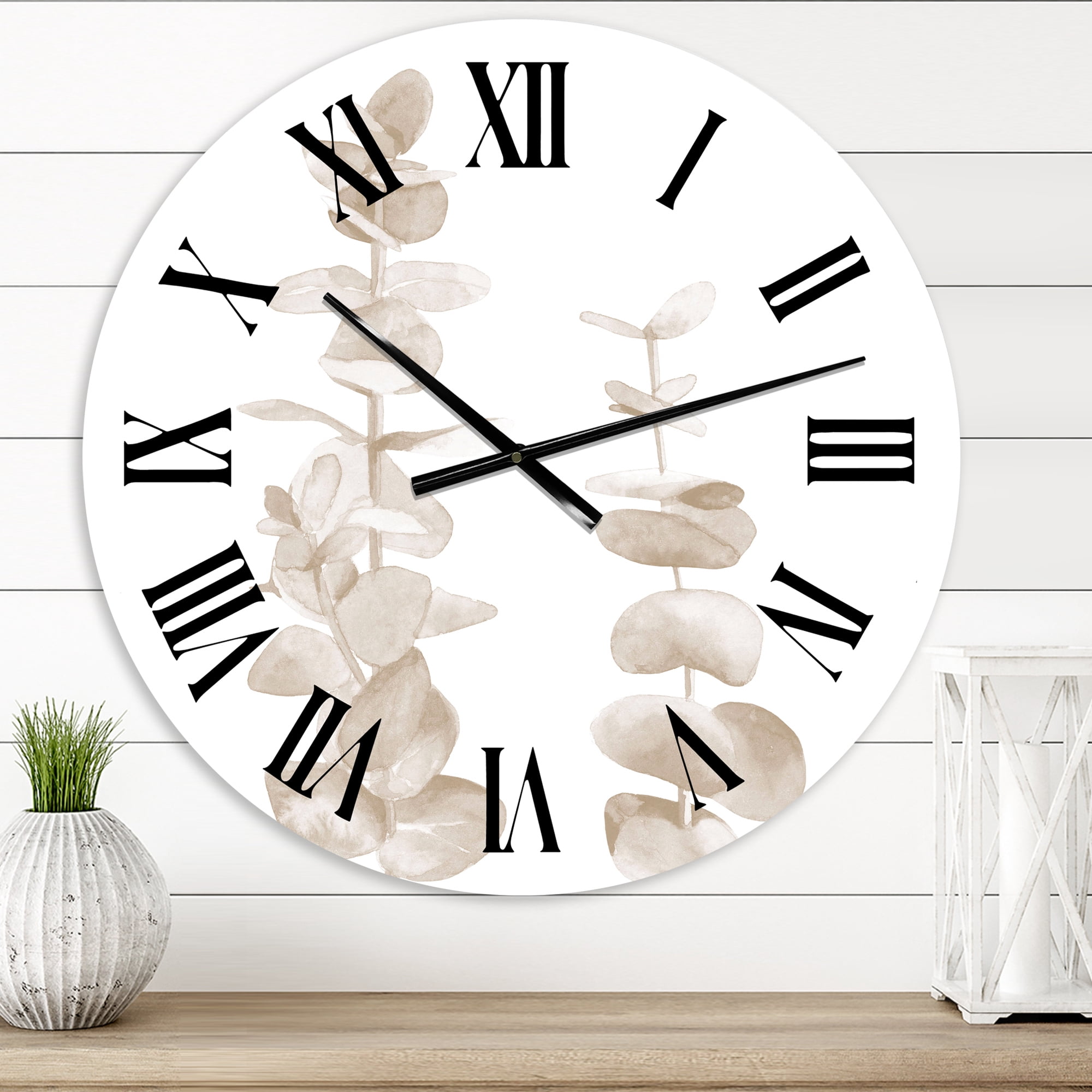 Designart 'Beige Eucalyptus Branches On White' Traditional Wall Clock