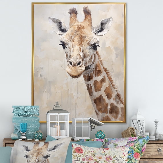 Designart "Beige Giraffe In Minimalist Portrait" Animals Giraffe Floater Framed Canvas Prints