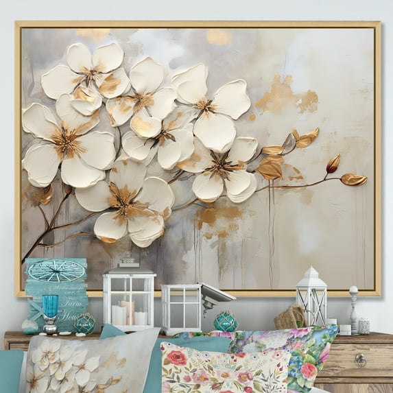 Designart "Beige-Gold Violet Elegance" Violets Floater Framed Wall Decor