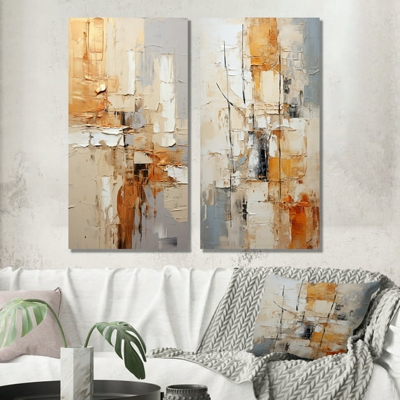 Designart "Beige Grey Geometric composition II" Abstract Collages Wall Art Set Of 2 - Beige Abstract Canvas Set For Living Room Decor