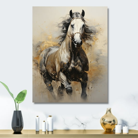 Designart "Beige Horse Golden Equestrian painting" Animals Horse Metal Wall Art