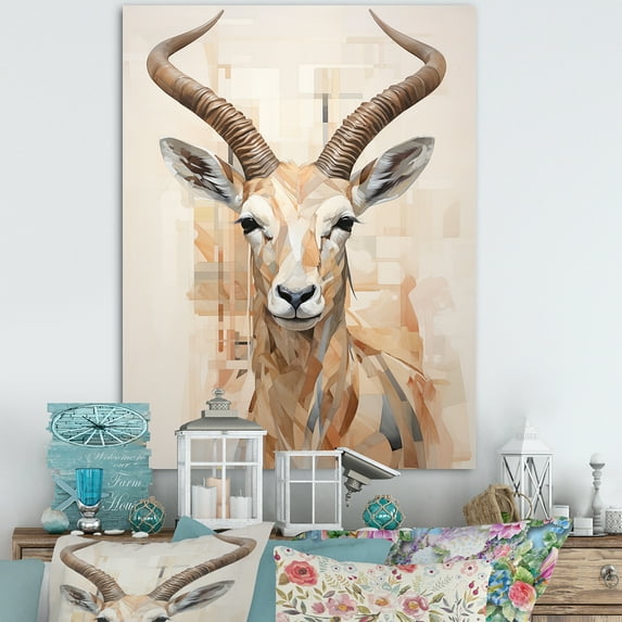 Designart "Beige Ibex In Minimalist Antelope I" Animals Antelope Canvas Wall Art