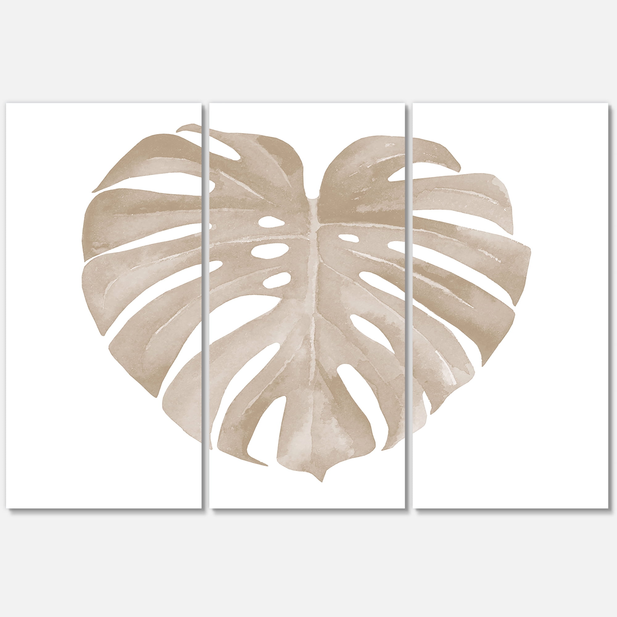 Designart ' Beige Ivory Pastel Monstera Heart Shaped Tropical Leaf ' Traditional Canvas Wall Art Print