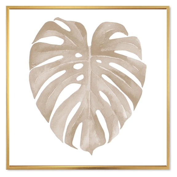 Designart 'Beige Ivory Pastel Monstera Heart Shaped Tropical Leaf' Traditional Framed Canvas Wall Art Print