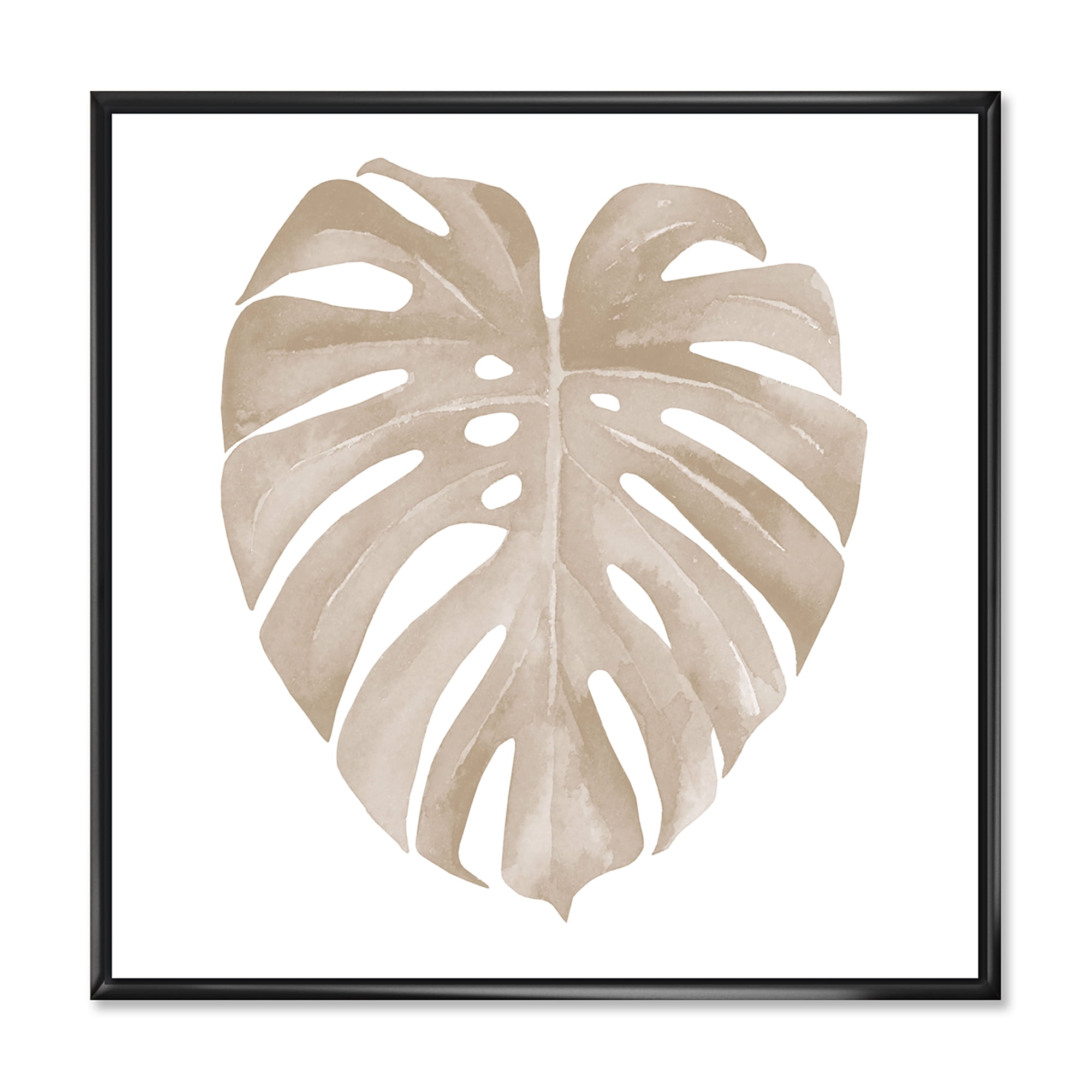 Designart 'Beige Ivory Pastel Monstera Heart Shaped Tropical Leaf' Traditional Framed Canvas Wall Art Print