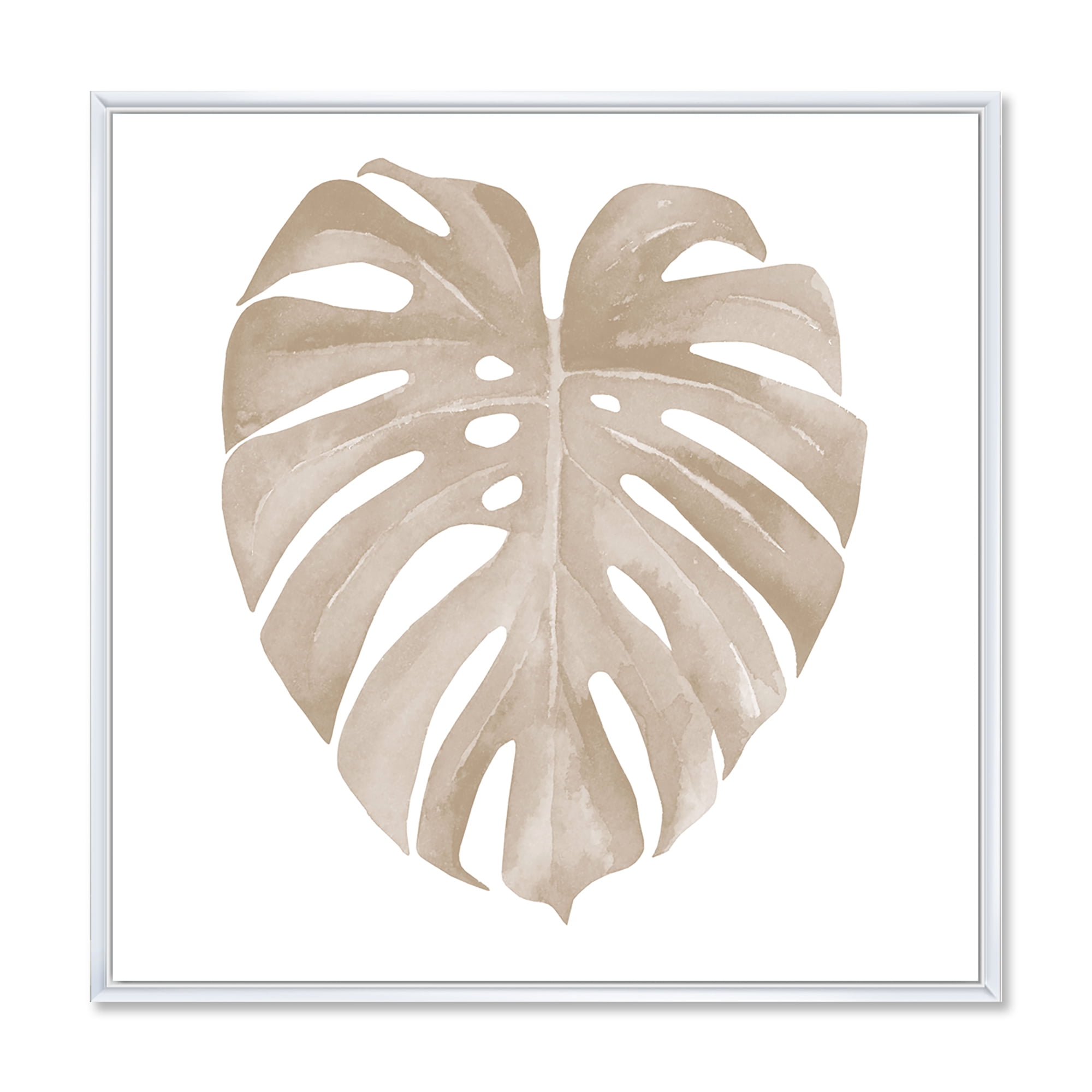 Designart 'Beige Ivory Pastel Monstera Heart Shaped Tropical Leaf' Traditional Framed Canvas Wall Art Print