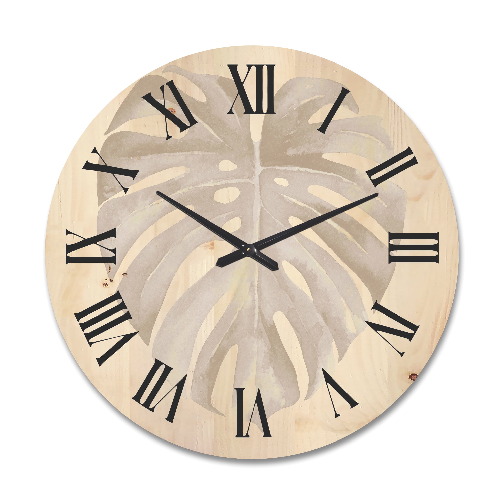 Designart 'Beige Ivory Pastel Monstera Heart Shaped Tropical Leaf' Traditional Wood Wall Clock