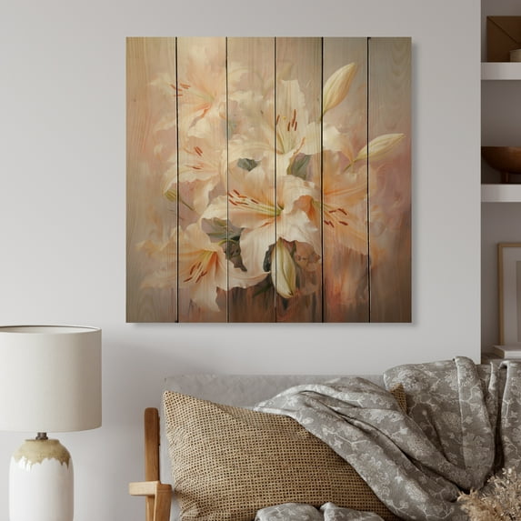 Designart "Beige Lilies love expression" Floral Print on Natural Pine Wood