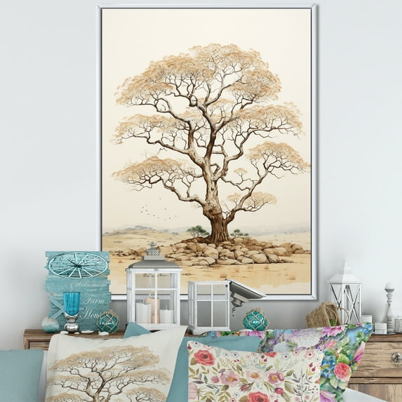 Designart "Beige Minimalism Baobab Tree I" Tree Baobab Floater Framed Wall Art Living Room