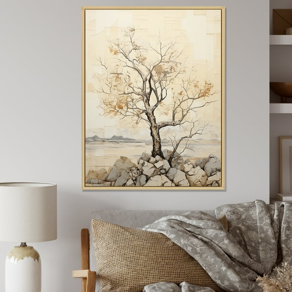 Designart "Beige Minimalism Baobab Tree II" Tree Baobab Floater Framed Canvas Wall Art