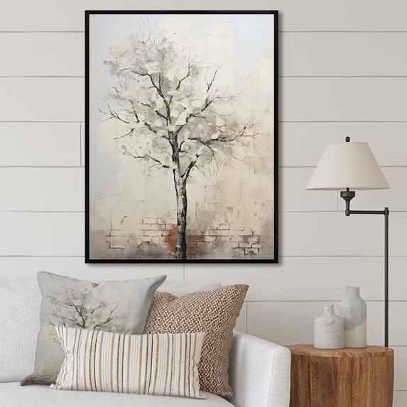 Designart "Beige Minimalism Baobab Tree III" Tree Baobab Floater Framed Canvas Prints