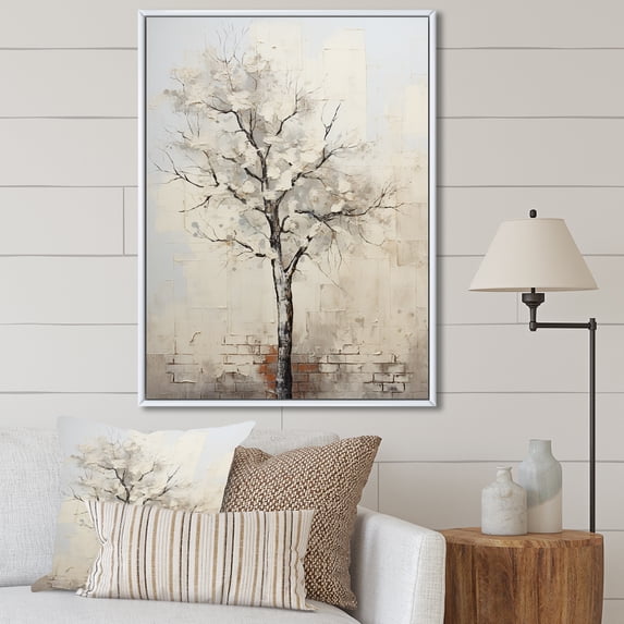 Designart "Beige Minimalism Baobab Tree III" Tree Baobab Floater Framed Canvas Prints