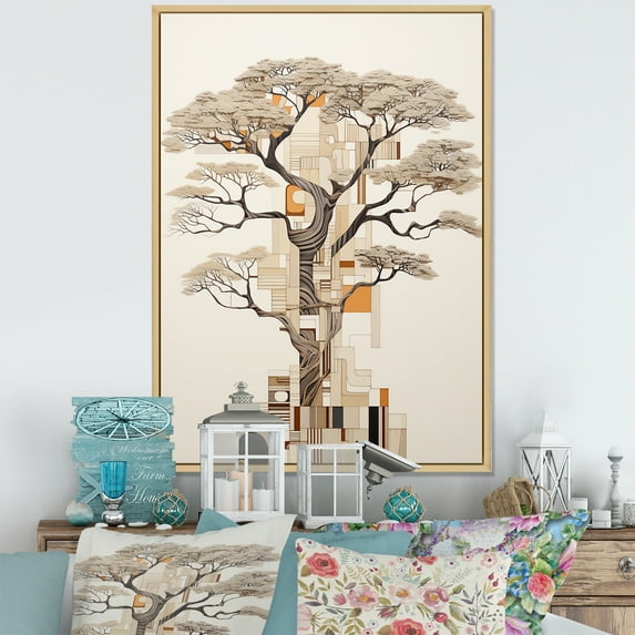 Designart "Beige Minimalism Baobab Tree IV" Tree Baobab Floater Framed Wall Decor