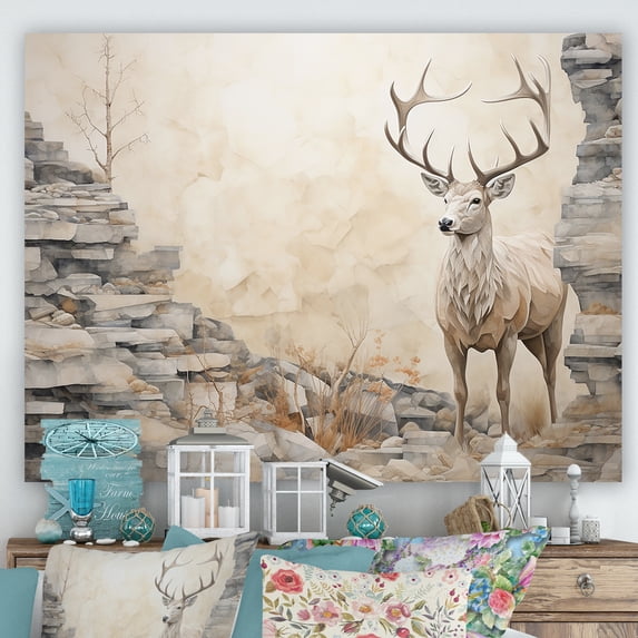 Designart "Beige Minimalist Deer Portrait I" Animals Deer Canvas Prints